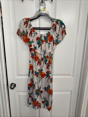 Absolutely White Midi Dress with Red & Teal Floral Print